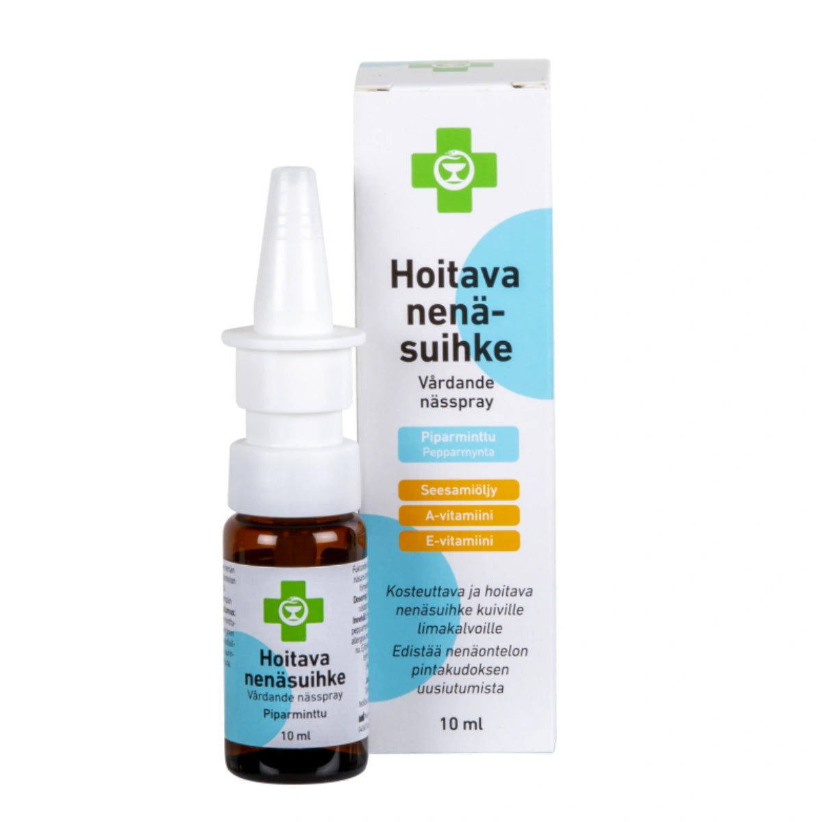 APTEEKKI Hoitava nenäsuihke piparminttu 10 ml kosteuttaa ja hoitaa nenän kuivia limakalvoja, raikas piparminttu