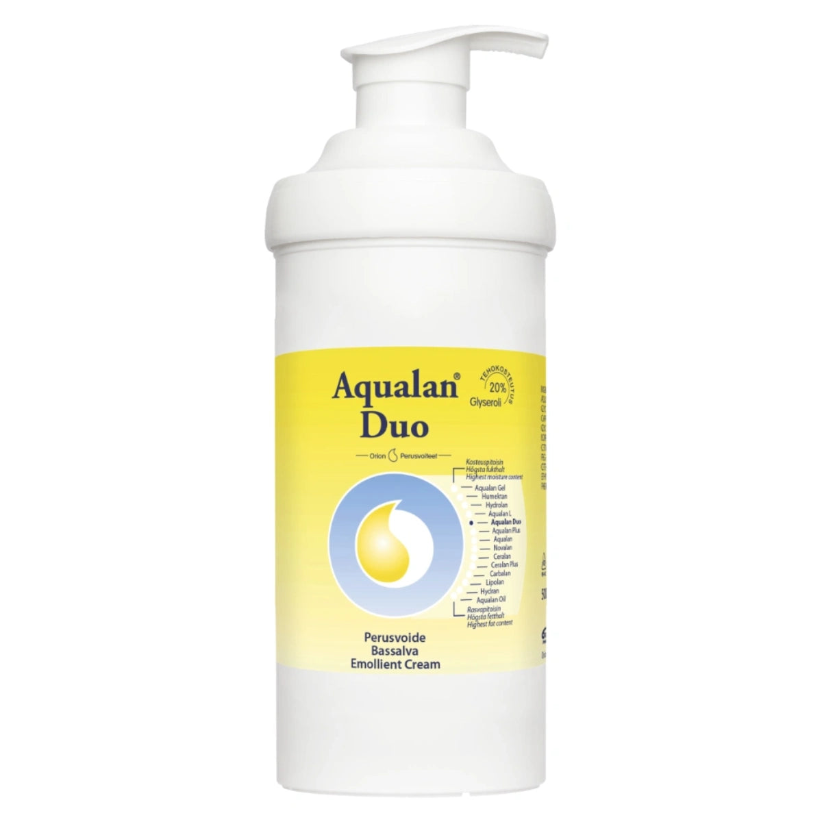 AQUALAN Duo perusvoide 500 g sisältää suuren määrän kosteutta vahvistavaa glyserolia