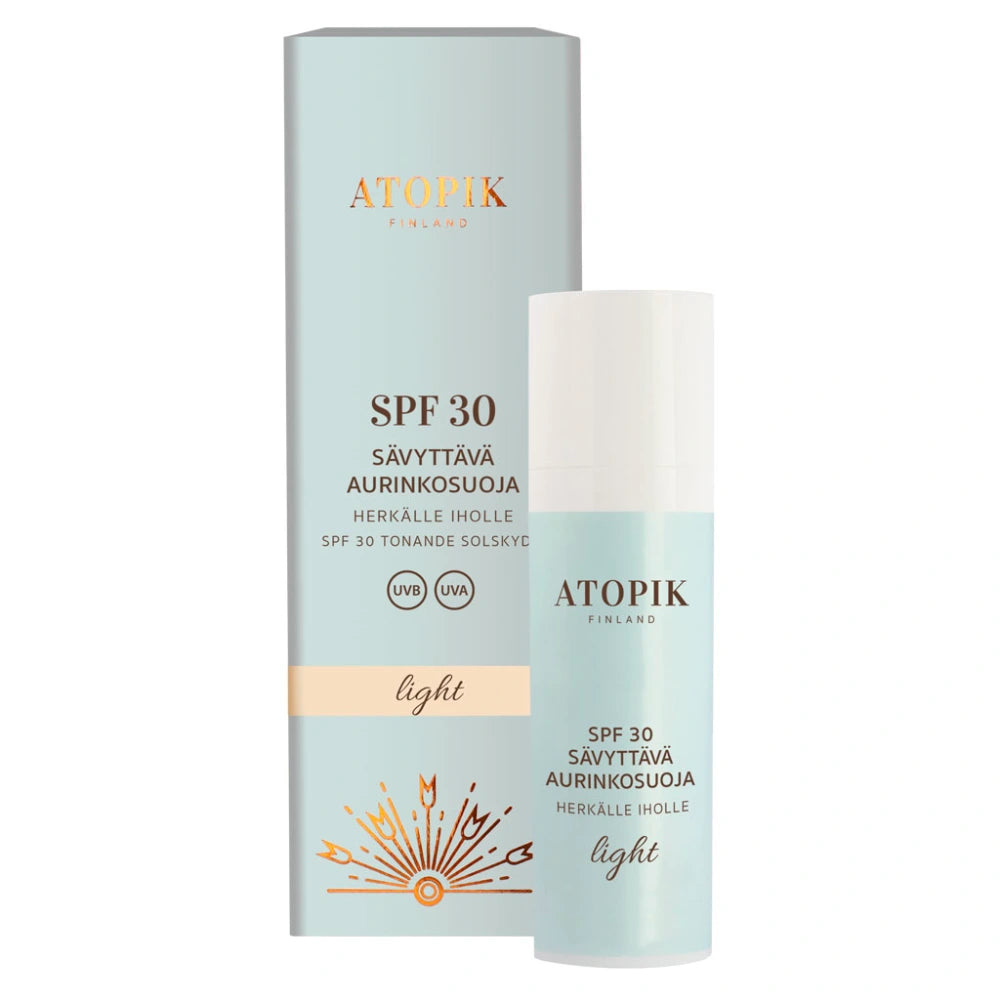 ATOPIK SPF30 Light sävyttävä aurinkosuoja 30 ml sisältää ainoastaan fysikaalista mineraaliaurinkosuoja-ainetta ilman nanopartikkeleita