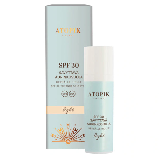 ATOPIK SPF30 Light sävyttävä aurinkosuoja 30 ml sisältää ainoastaan fysikaalista mineraaliaurinkosuoja-ainetta ilman nanopartikkeleita
