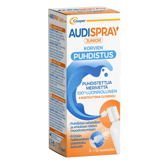 AUDISPRAY Junior korvien puhdistus 25 ml lapsille suunniteltu korvakäytävää puhdistava hoito