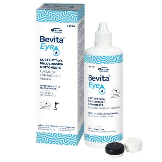 BEVITA EYE Kosteuttava piilolinssien hoitoneste 360 ml puhdistukseen, desinfiointiin, säilytykseen, huuhteluun ja kostutukseen.