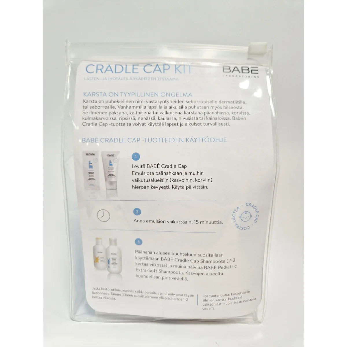 BABE Pediatric Cradle Cap Kit karstan poistoon 200 + 50 ml mukana ktevä uudelleensuljettava pussukka