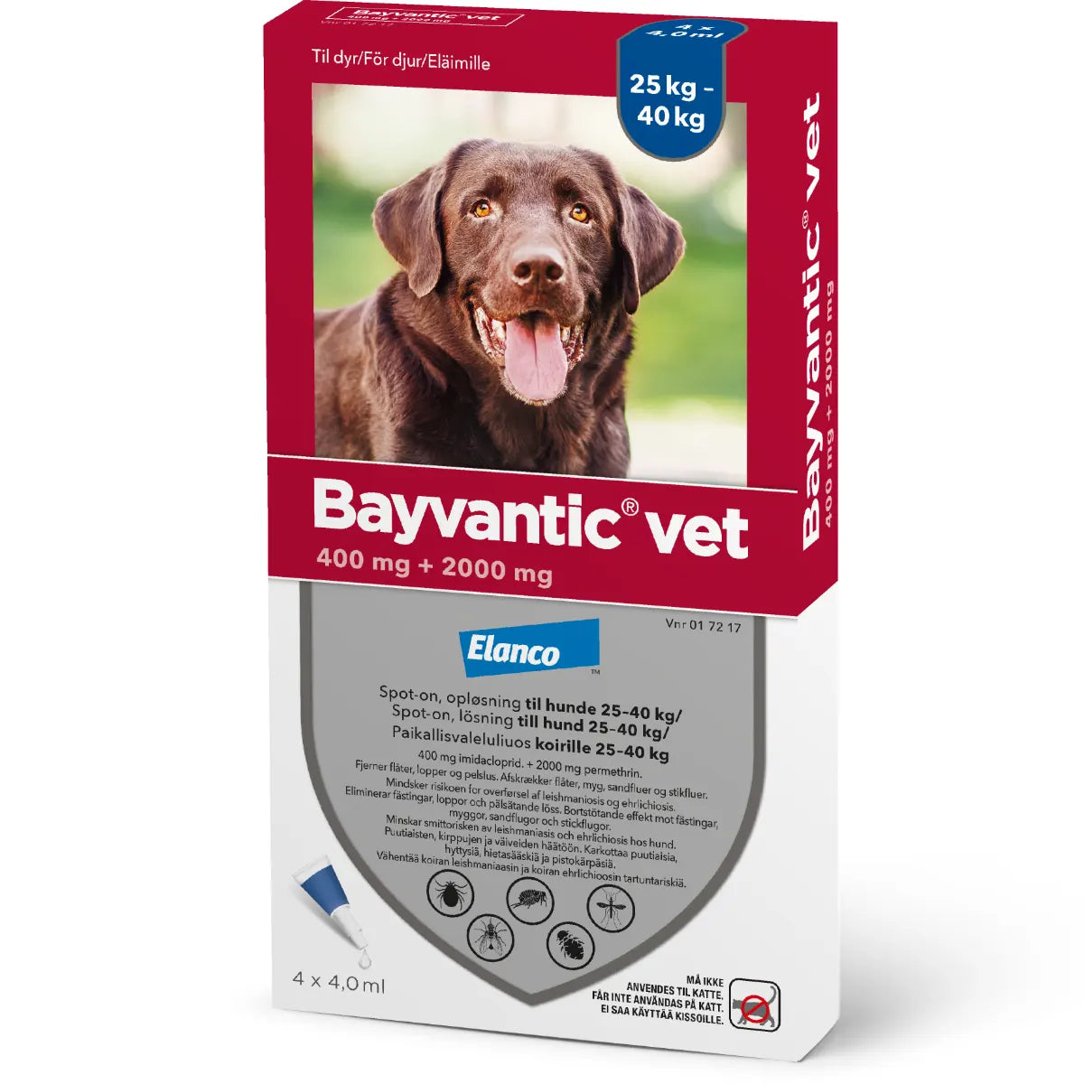 BAYVANTIC VET KOIRILLE 25-40 kg 400 mg/2000 mg paikallisvaleluliuos 4x4 ml punkkien häätöön