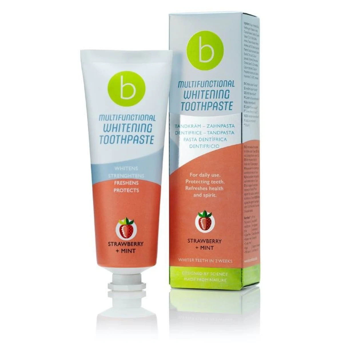 Beconfident Multifunctional Whitening hammastahna Strawberry + Mint 75 ml valkaisee hampaat turvallisesti ja hellävaraisesti