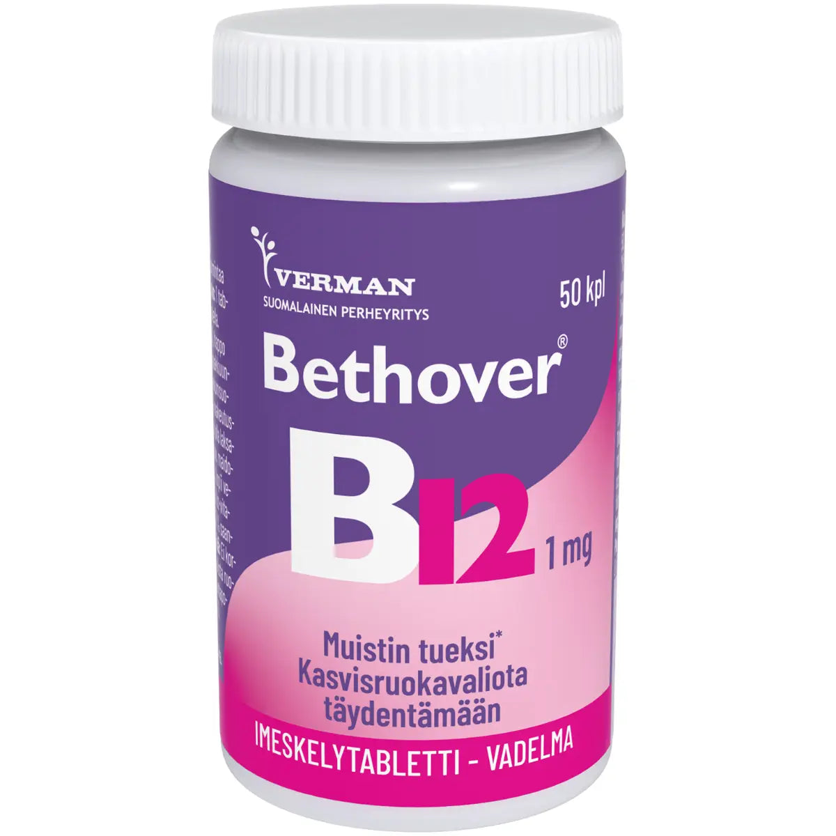 BETHOVER B12 1 mg vadelma tabletti 50 kpl muistin tueksi ja tukemaan kasvisruokavaliota