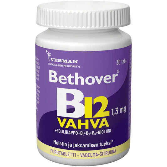 BETHOVER Strong B12 vadelma-sitruuna tabletti 30 kpl vahva ja monipuolinen B12-vitamiinivalmiste