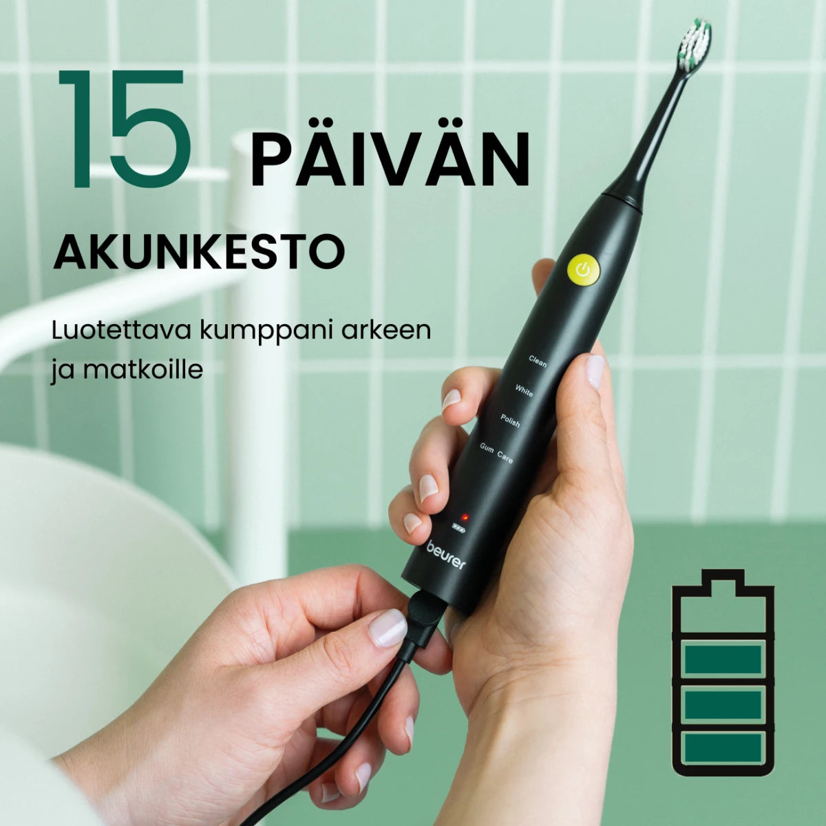 Beurer SC30 Sonic-sähköhammasharjan akunkesto on jopa 15 päivää