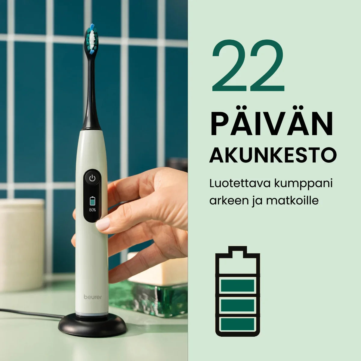 Beurer SC50 Sonic-sähköhammasharja, Peppermint akun kesto 22 päivää