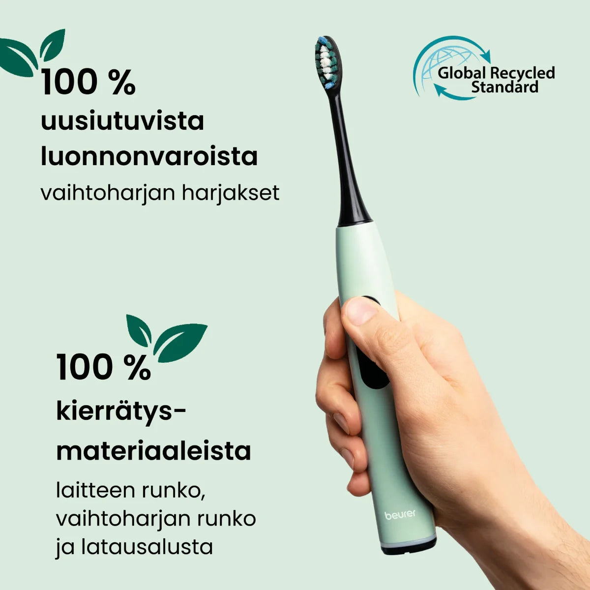 Beurer SC50 Sonic-sähköhammasharja, Peppermint on valmistettu kierrätysmateriaaleista