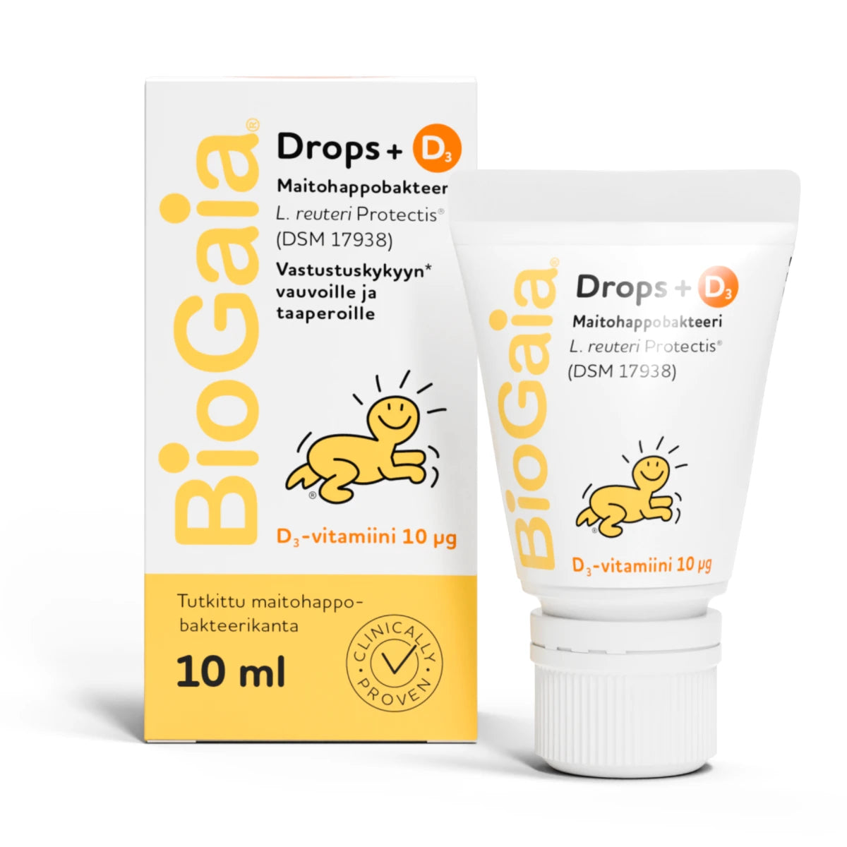 BIOGAIA Drops + D3 maitohappobakteeritippa 10 ml sopii vauvoilla ja taaperoille päivittäiseen käyttöön