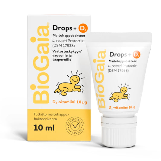 BIOGAIA Drops + D3 maitohappobakteeritippa 10 ml sopii vauvoilla ja taaperoille päivittäiseen käyttöön