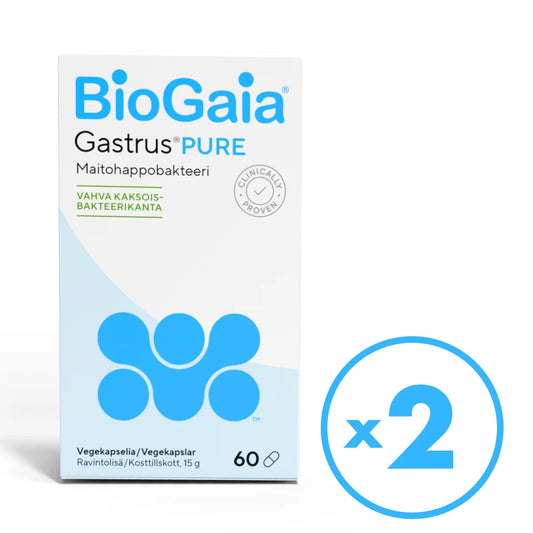 BioGaia Gastrus PURE kapseli 2x60 kaps tuplapakkaus – Vahva kliinisesti tutkittu maitohappobakteerivalmiste