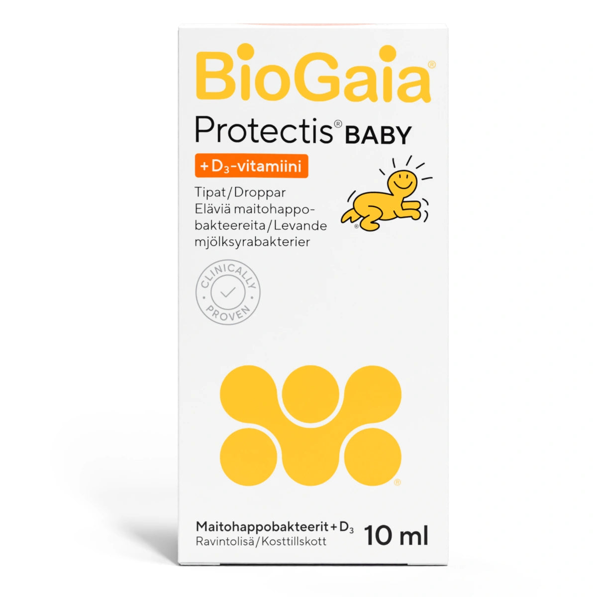 BIOGAIA Protectis Baby + D3 maitohappobakteeritippa pakkaus