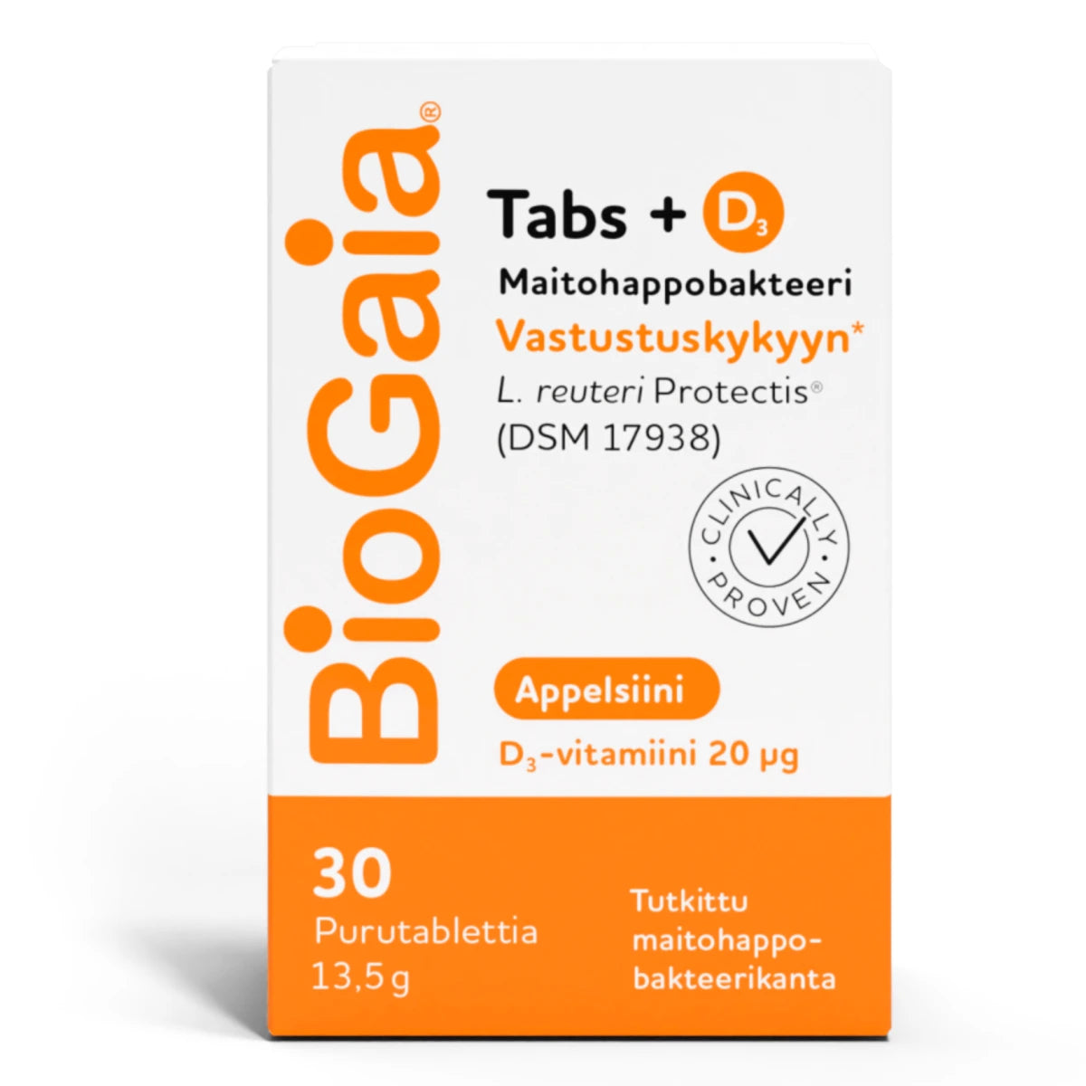 BIOGAIA Tabs + D3 appelsiini 30 kpl maitohappobakteeri sisältää lisäksi D-vitamiinia