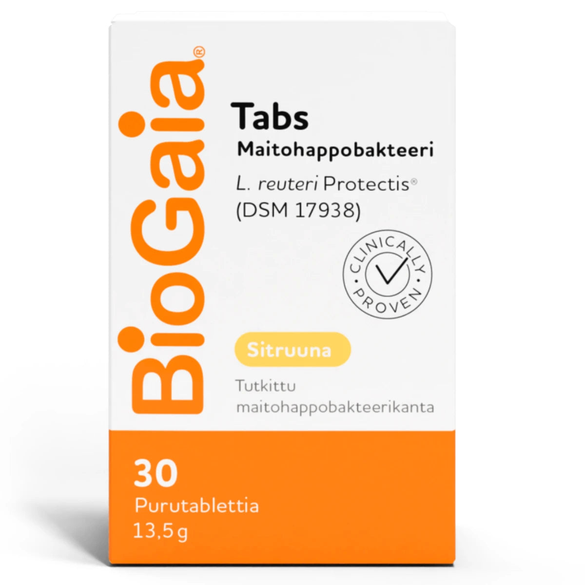 BioGaia Tabs Sitruuna tabletti 30 kpl sisältää tutkitua maitohappobakteerikantaa