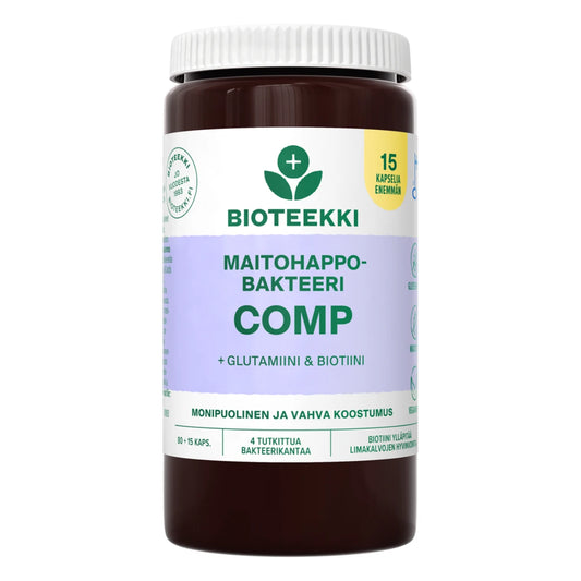 BIOTEEKKI Maitohappobakteeri Comp Bonus kapseli 80+15 kpl sisältää myös glutamiinia ja biotiinia