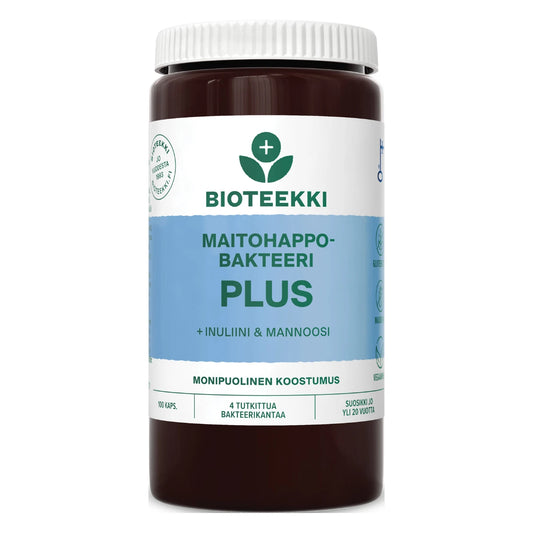 Bioteekki Maitohappobakteeri Plus kapseli 100 kpl sisältää neljää tutkittua maitohappobakteerikantaa