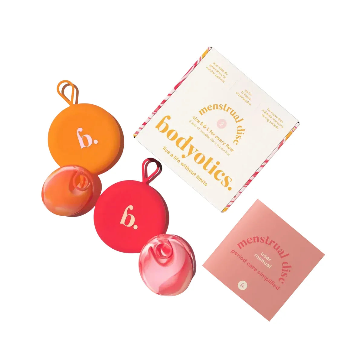 Bodyotics Kuukautislevyt poistorenkaalla oranssi ja punainen 2 kpl