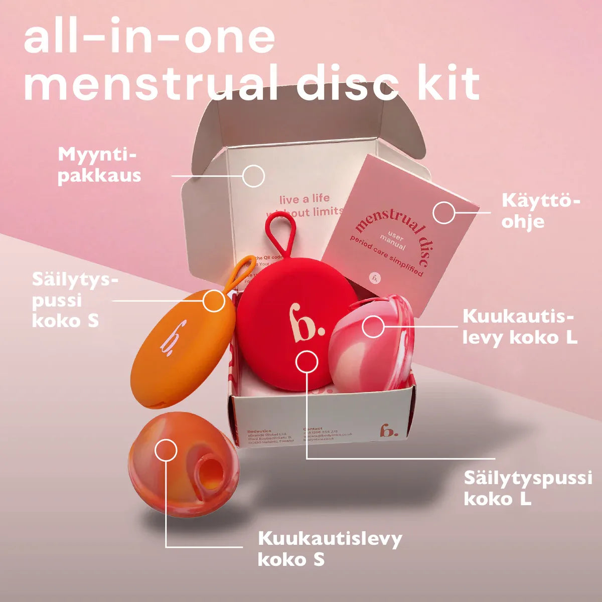 Bodyotics Kuukautislevyt poistorenkaalla setti sisältää koot S ja L