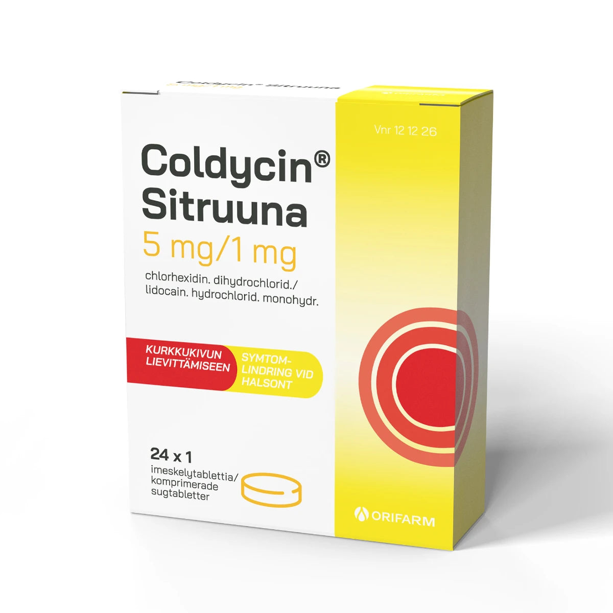 COLDYCIN Sitruuna imeskelytabletti 5/1 mg 24 fol sisältää lidokaiinia ja klooriheksidiiniä