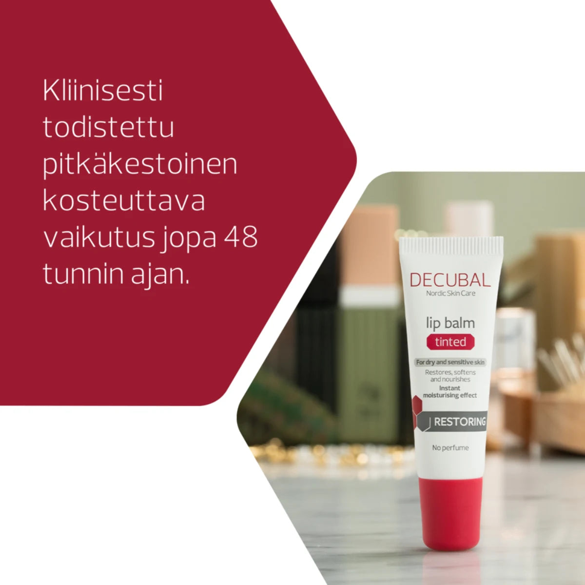 Decubal Restoring Tinted Lip Balm kliiniseseti todistettu pitkäkestoinen kosteuttava vaikutus jopa 48 tunnin ajan