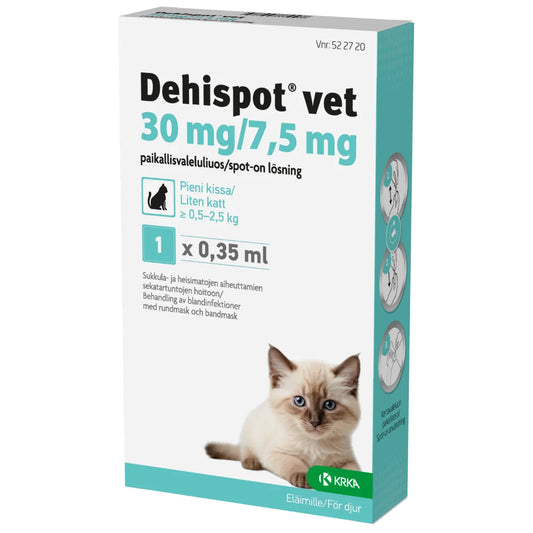 DEHISPOT VET paikallisvaleluliuos 30/7,5 mg pienelle kissalle 0,5-2,5 kg 0,35 ml
