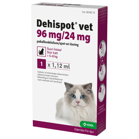 DEHISPOT VET paikallisvaleluliuos 96/24 mg suurelle kissalle >5-8 kg 1,12 ml