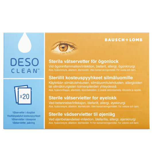 Desoclean steriili silmänpuhdistuspyyhe – 20 kpl steriilit kosteuspyyhkeet silmäluomille