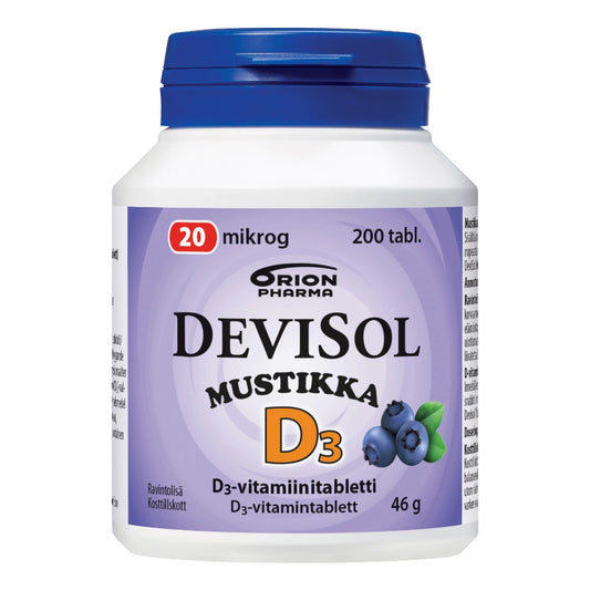 DEVISOL Mustikka 20 mikrog imeskelytabletti 200 kpl aidon mustikan makuinen D3-vitamiinivalmiste