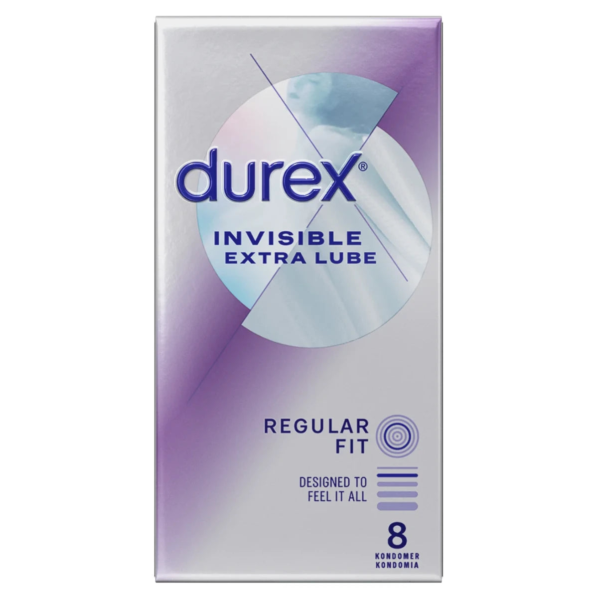 Durex Invisible Extra Lube Regular Fit Kondomi, jossa runsaasti liukastetta