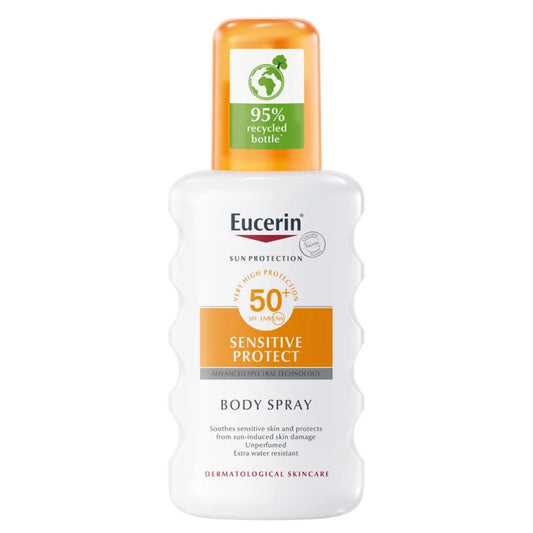 Eucerin Sun Sensitive Protect Body Spray SPF50+ 200 ml – hajusteeton aurinkosuojasuihke herkälle iholle