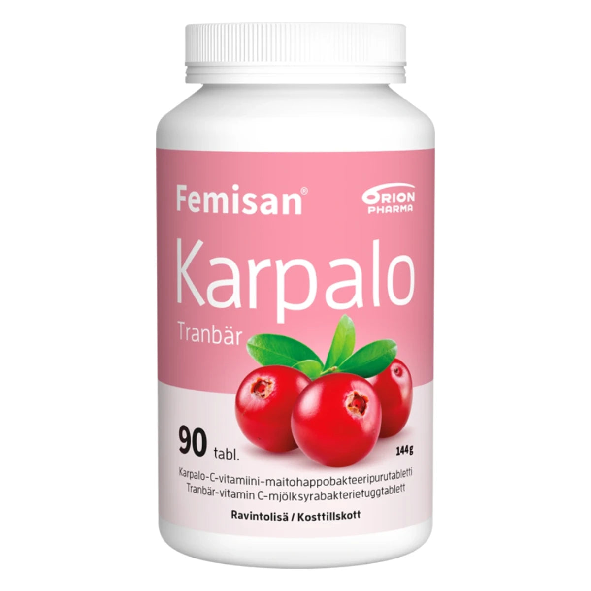 FEMISAN Karpalo purutabletti 90 kpl vahva karpalovalmiste, joka sisältää lisäksi maitohappobakteereita ja C-vitamiinia.