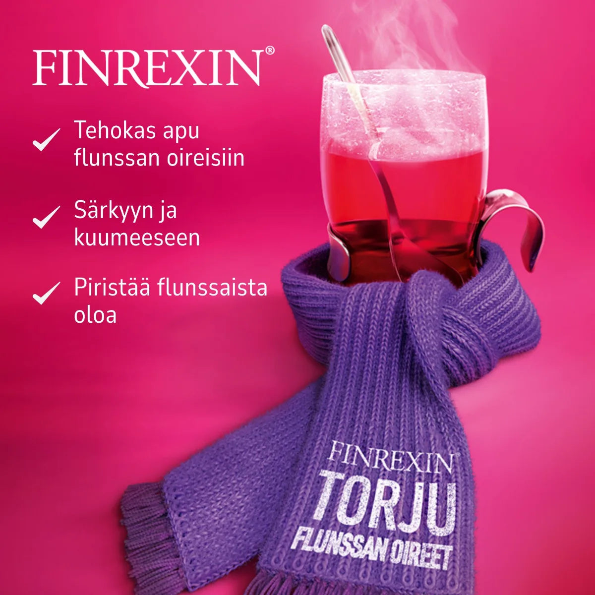 Finrexin on tehokas api flunssan oireisiin, särkyyn ja kuumeeseen sekä piristää oloa.