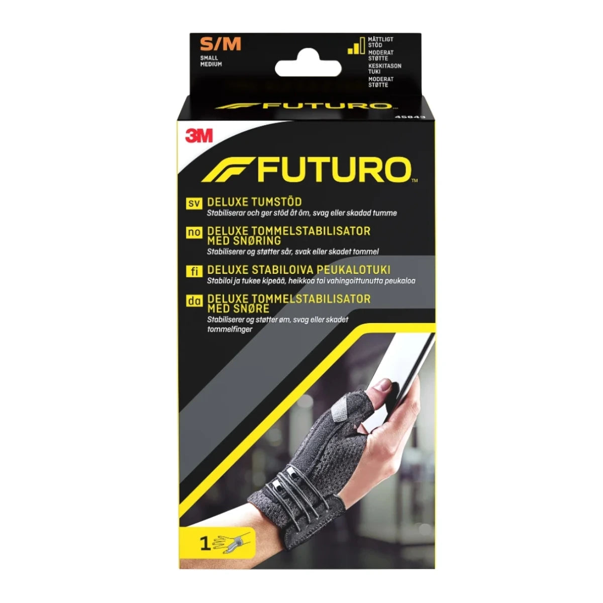 FUTURO Deluxe Stabiloiva peukalotuki musta S/M tukee kipeää peukaloa