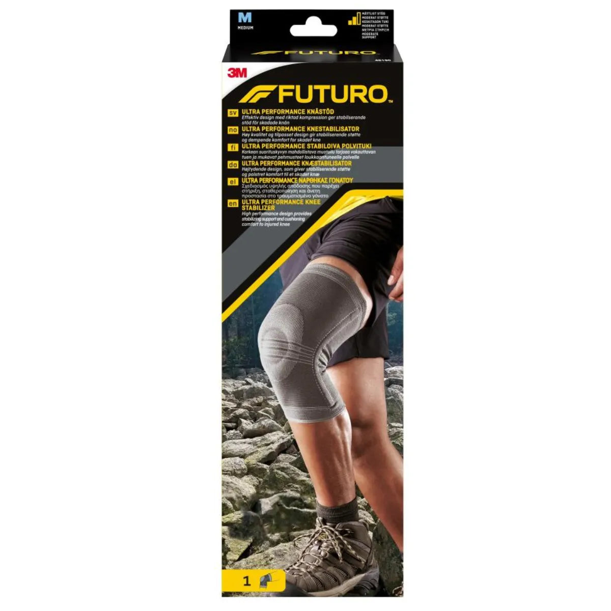 FUTURO Ultra Performance Stabiloiva polvituki, M vakauttava tuki mukavilla pehmusteilla loukkaantuneelle polvelle