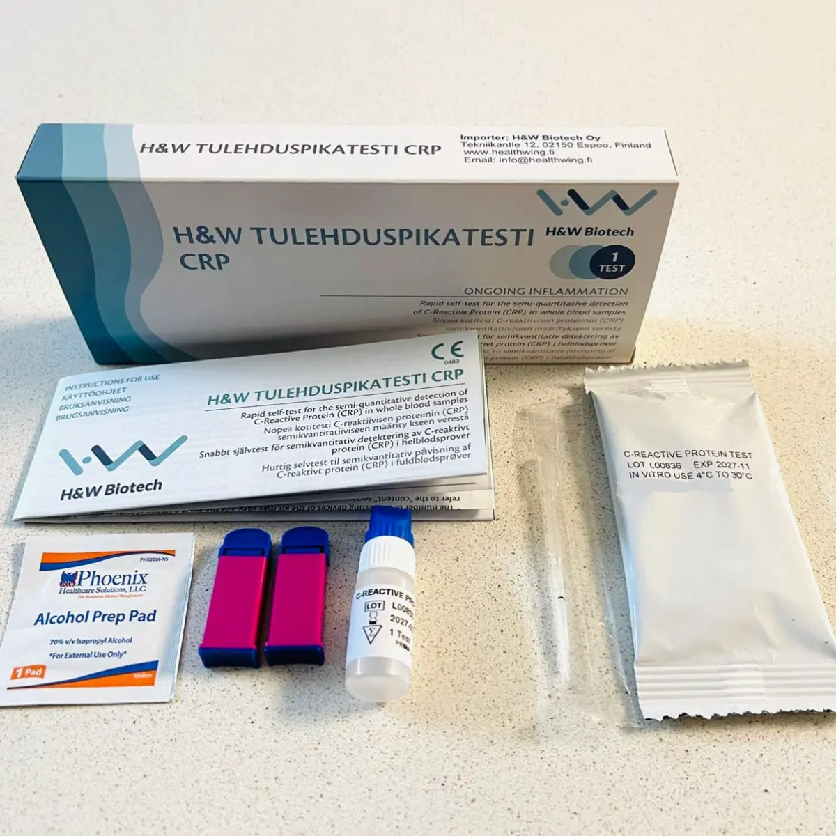H&W Tulehduspikatesti CRP pakkaus sisältää tarvikkeet CRP-arvon (tulehdusarvojen) mittaukseen 