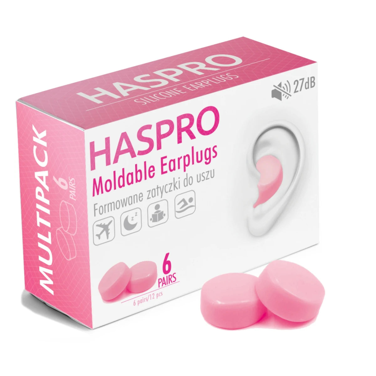 HASPRO Moldable silikonikorvatulpat suojaamaan vedeltä ja melulta, pinkki