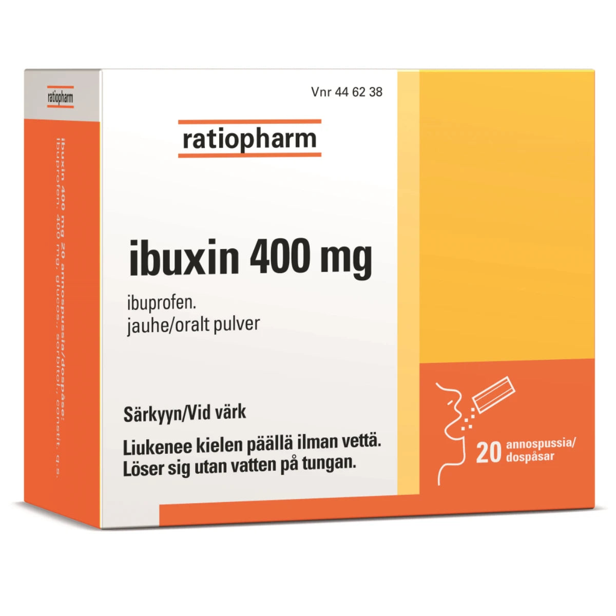 IBUXIN 400 mg jauhe, annospussi 20 kpl, joka liukenee kielen päällä ilman vettä