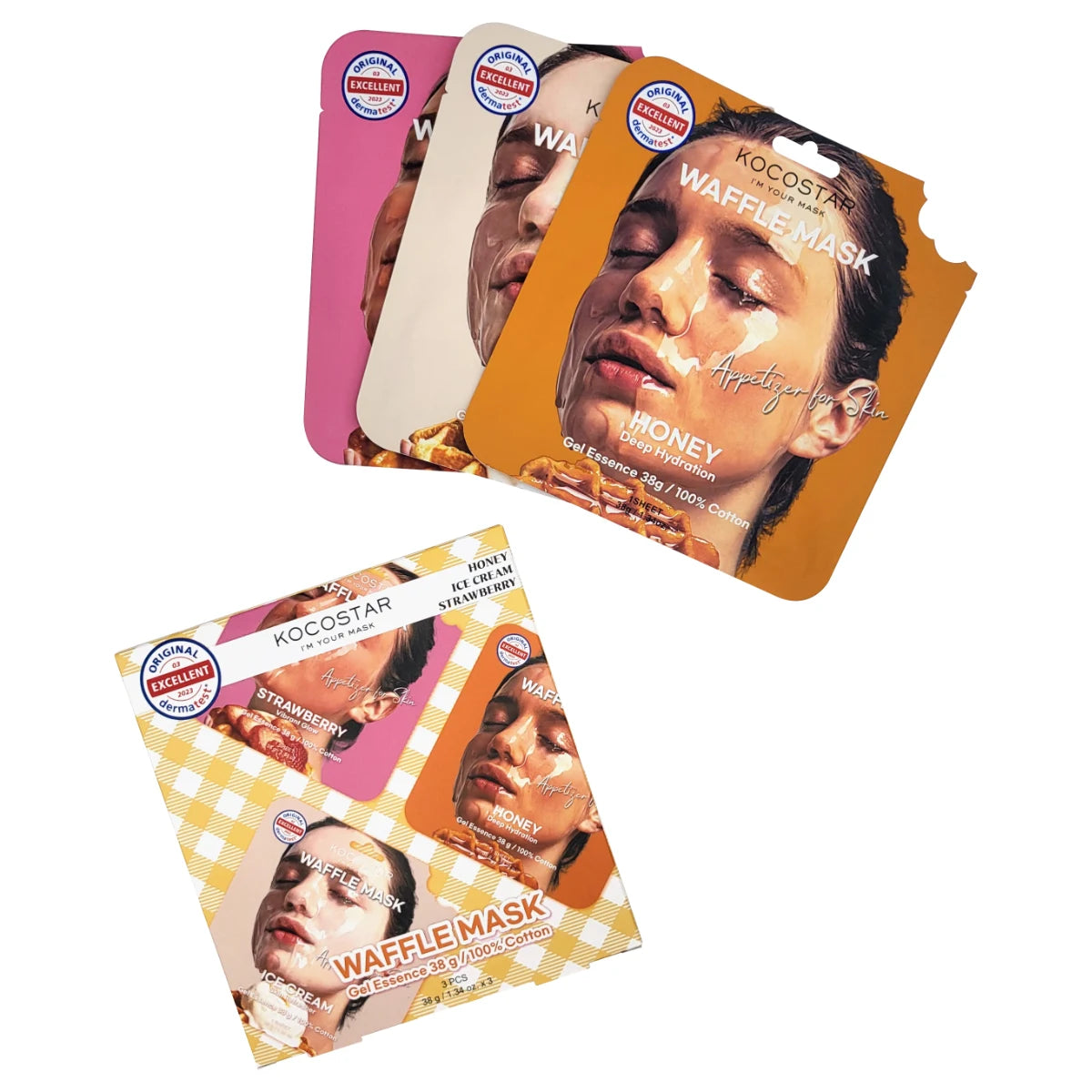 KOCOSTAR Waffle Mask Kit – 3 kangasnaamiota kasvojen kosteutukseen ja hehkuun