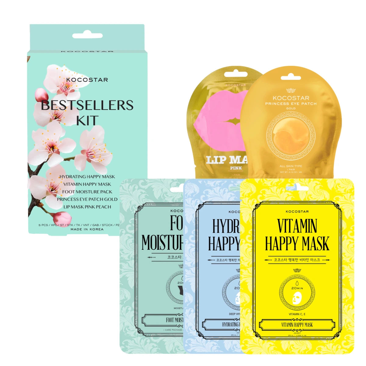 Kocostar Bestsellers Kit – suosikkinaamiot kasvoille, silmänalusille, huulille ja jaloille