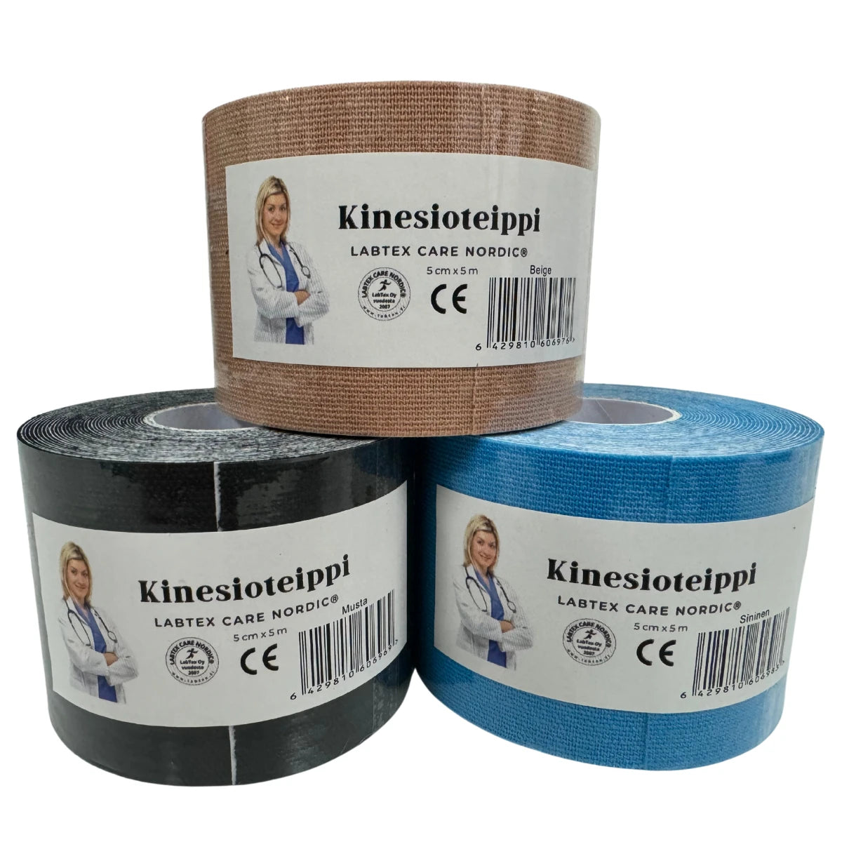 LabTex Care Nordic Kinesioteippi valikoima musta, sininen ja beige