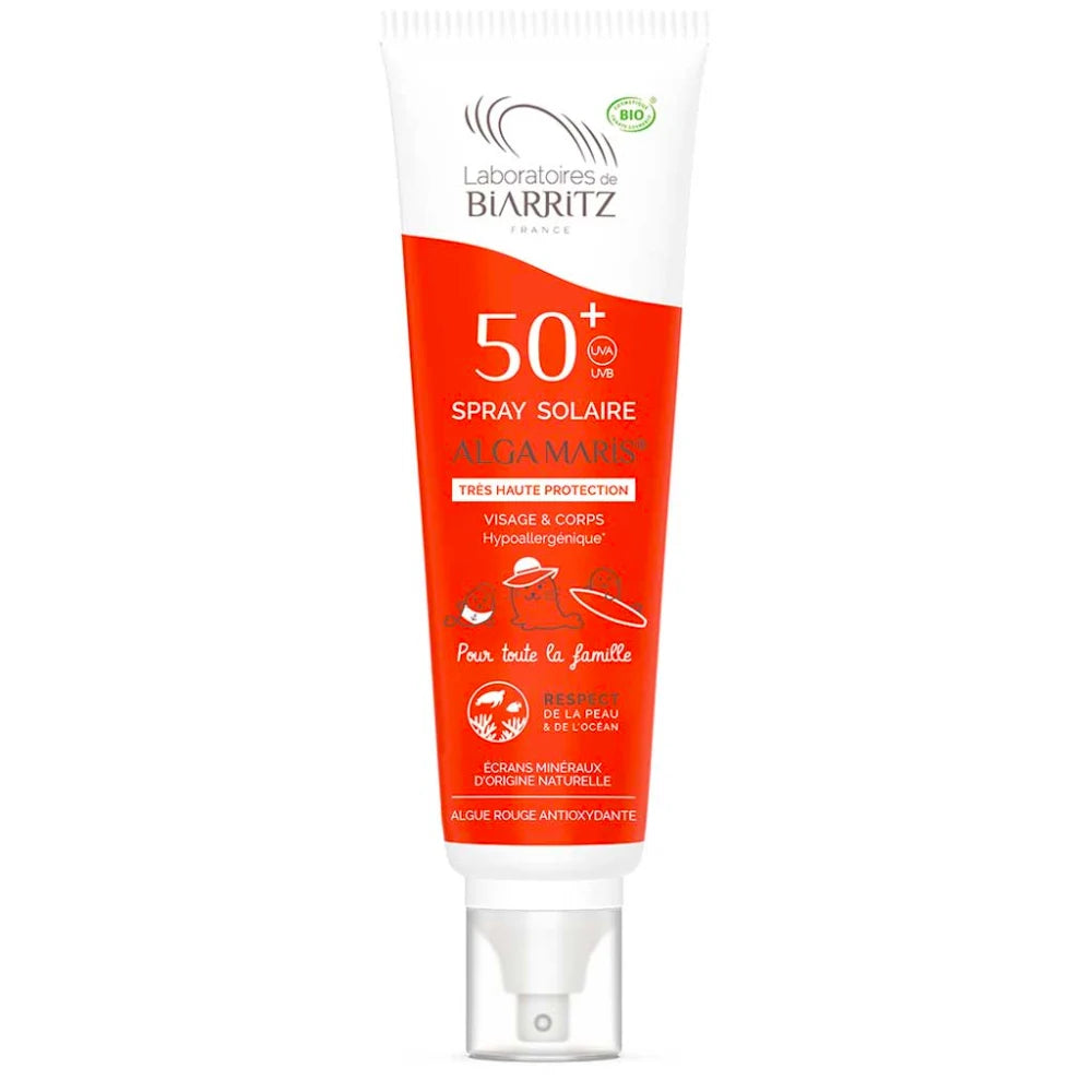 ALGA MARIS Aurinkovoidespray SPF50+ Family Size 150 ml fysikaalisen aurinkosuojan teho perustuu luonnollisiin mineraalioksideihin