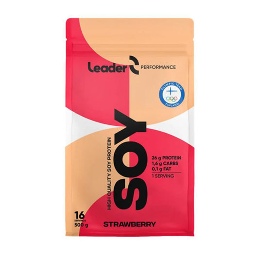 Leader Performance Soy Protein Strawberry 500 g – Kasvipohjainen proteiinijauhe aktiiviseen arkeen