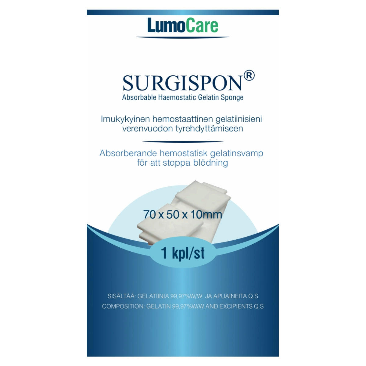 Lumocare Surgispon imukykyinen hemostaattinen gelatiinisieni 70x50x10 mm 1 kpl