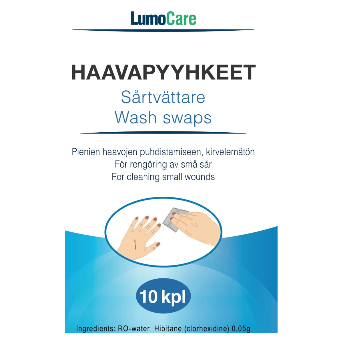 LUMOCARE Haavapyyhkeet kirvelemätön 10 kpl pienten haavojen puhdistamiseen