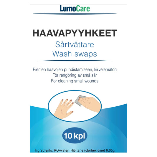 LUMOCARE Haavapyyhkeet kirvelemätön 10 kpl pienten haavojen puhdistamiseen