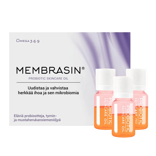 MEMBRASIN Dermal Probiotic Skincare Oil ampulli 3 kpl uudistaa ja vahvistaa herkkää ihoa ja sen mikrobiomia