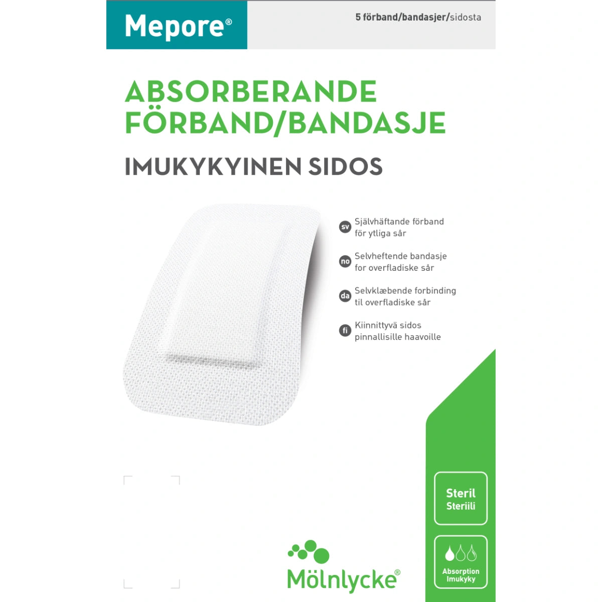 MEPORE haavasidos 9x20 cm 5 kpl imukykyinen itsekiinnittyvä sidos