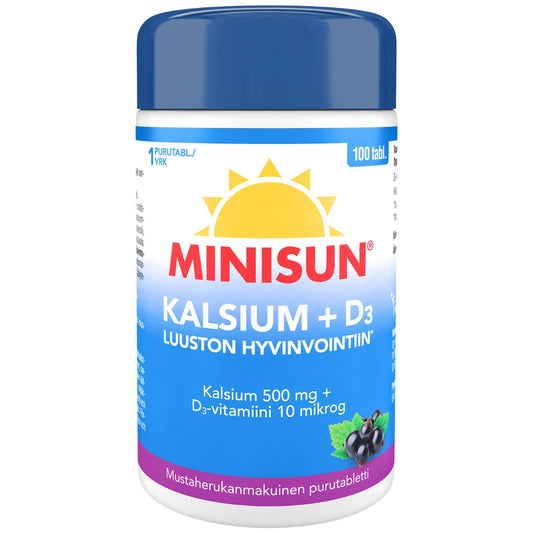 MINISUN Kalsium + D3-vitamiini 10 mikrog purutabletti 100 kpl mustaherkukanmakuinen